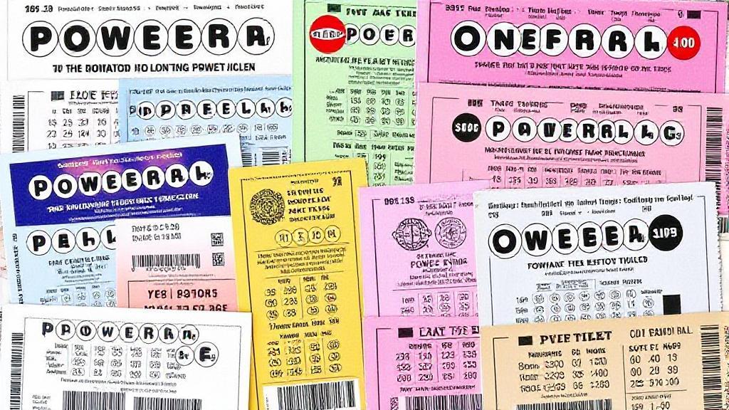 A colorful collage of Powerball tickets from various states, each displaying unique state emblems and purchase deadlines.