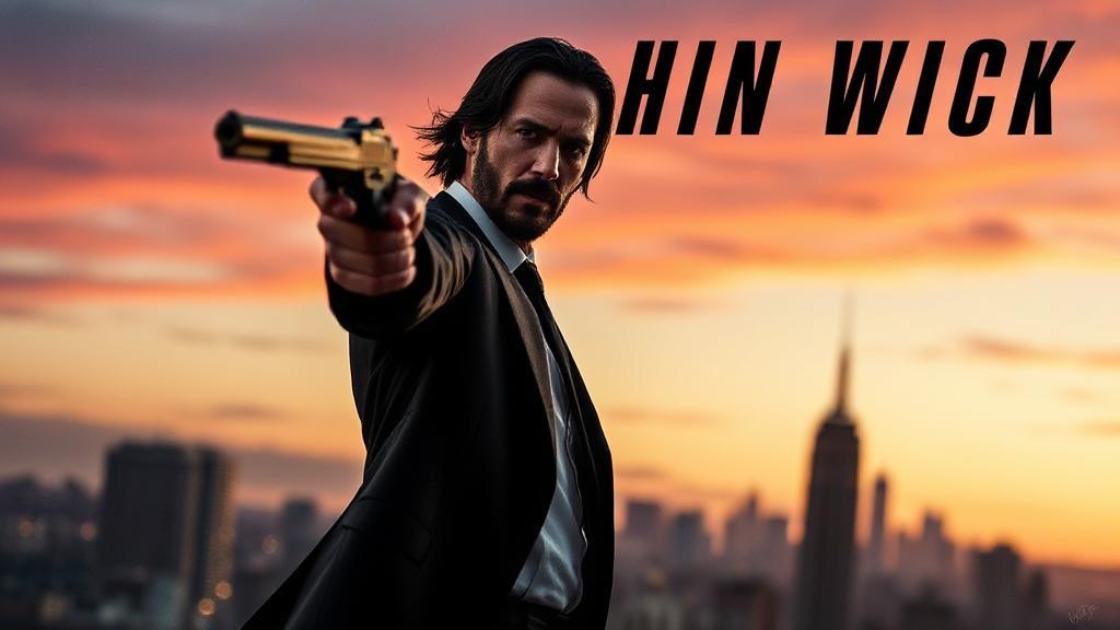 A dynamic image of Keanu Reeves as John Wick, poised for action against a backdrop of a cityscape at dusk, hinting at the anticipation for the next installment.