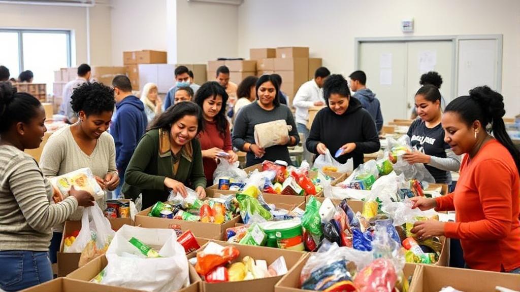 A diverse group of people happily sorting and organizing food items in a community donation center.