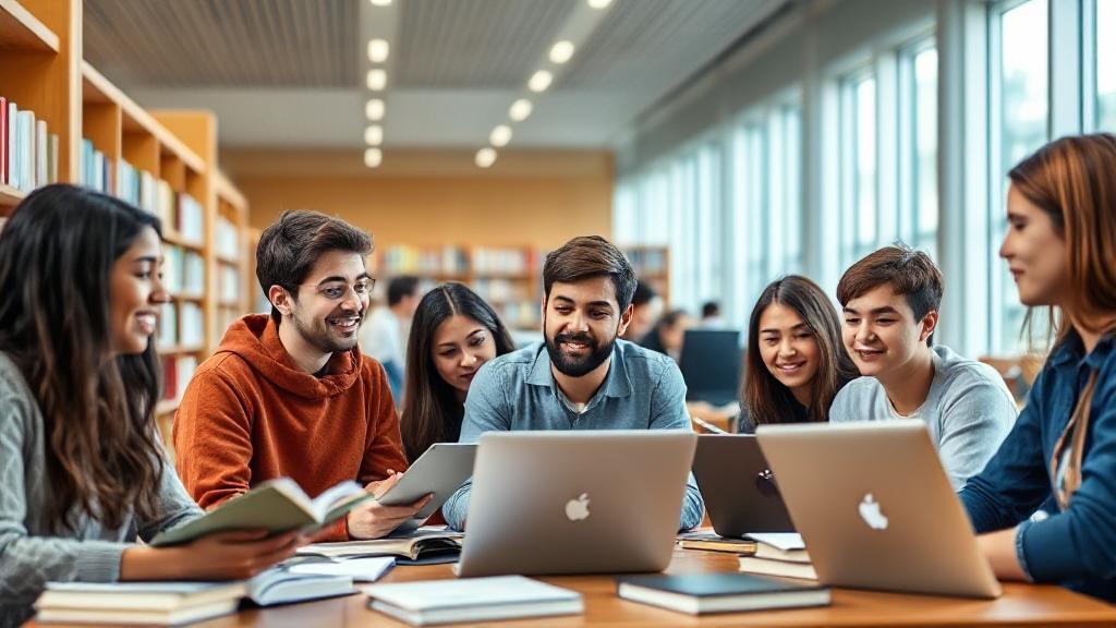 A diverse group of graduate students studying and collaborating in a modern university library, surrounded by books and laptops.