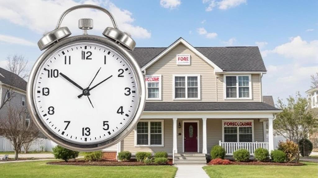 A clock superimposed on a house with foreclosure notices, symbolizing the urgency of preventing foreclosure.