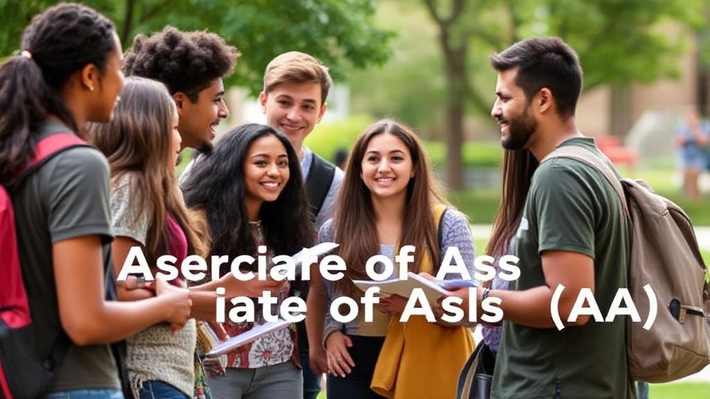A diverse group of students engaged in a lively discussion on a college campus, symbolizing the collaborative and exploratory nature of an Associate of Arts (AA) degree.