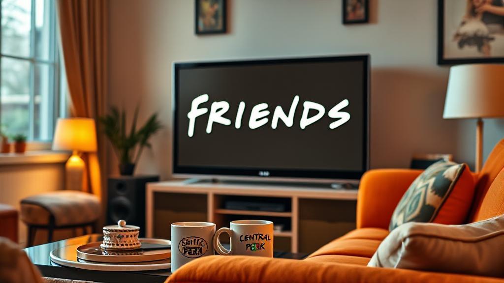 A cozy living room scene with a TV displaying the iconic "Friends" logo, surrounded by familiar props like a Central Perk coffee mug and a plush orange couch.
