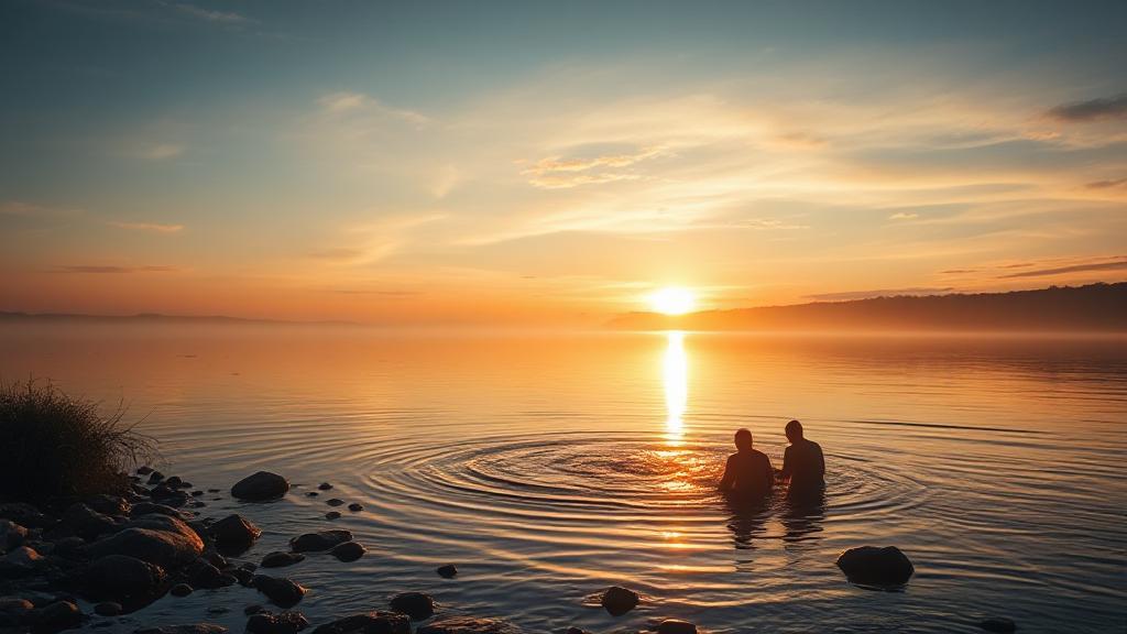 A serene depiction of a riverbank baptism at dawn, symbolizing spiritual rebirth and the journey of faith.