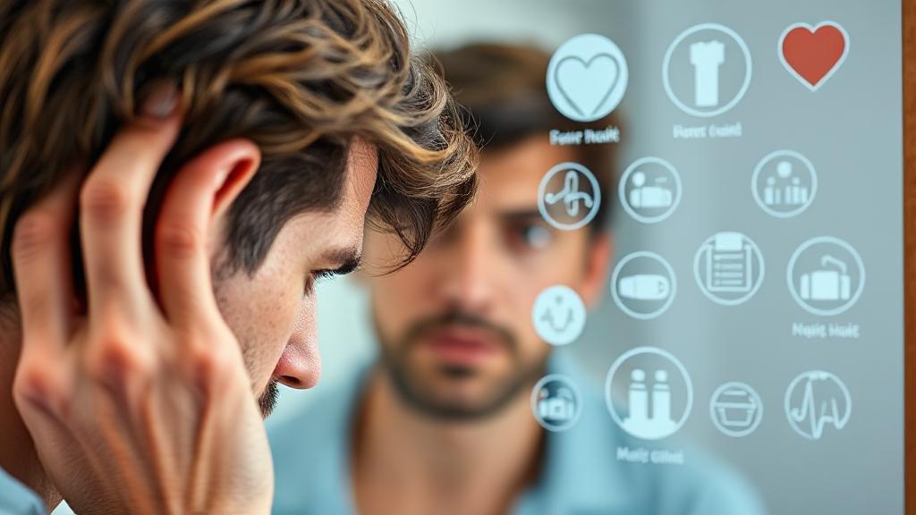 A close-up image of a concerned individual examining their hair in the mirror, with various medical professional icons in the background.