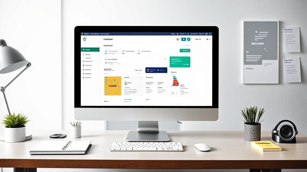 A sleek, modern workspace with a computer screen displaying the Zendesk dashboard, surrounded by customer service tools and notes.
