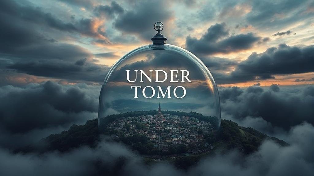 A captivating image of a small town encapsulated under a transparent dome, set against a dramatic sky, symbolizing the mysterious allure of "Under the Dome."