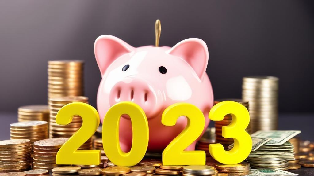 A vibrant image of a piggy bank surrounded by stacks of coins and dollar bills, symbolizing growth and savings in 2023.