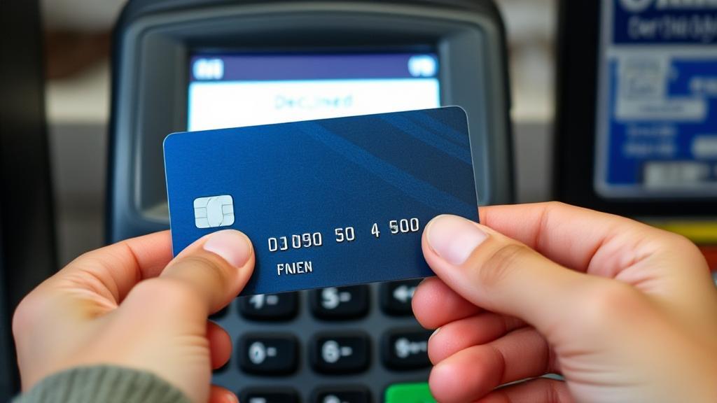 A frustrated person holding a debit card in front of a payment terminal with a declined transaction message on the screen.