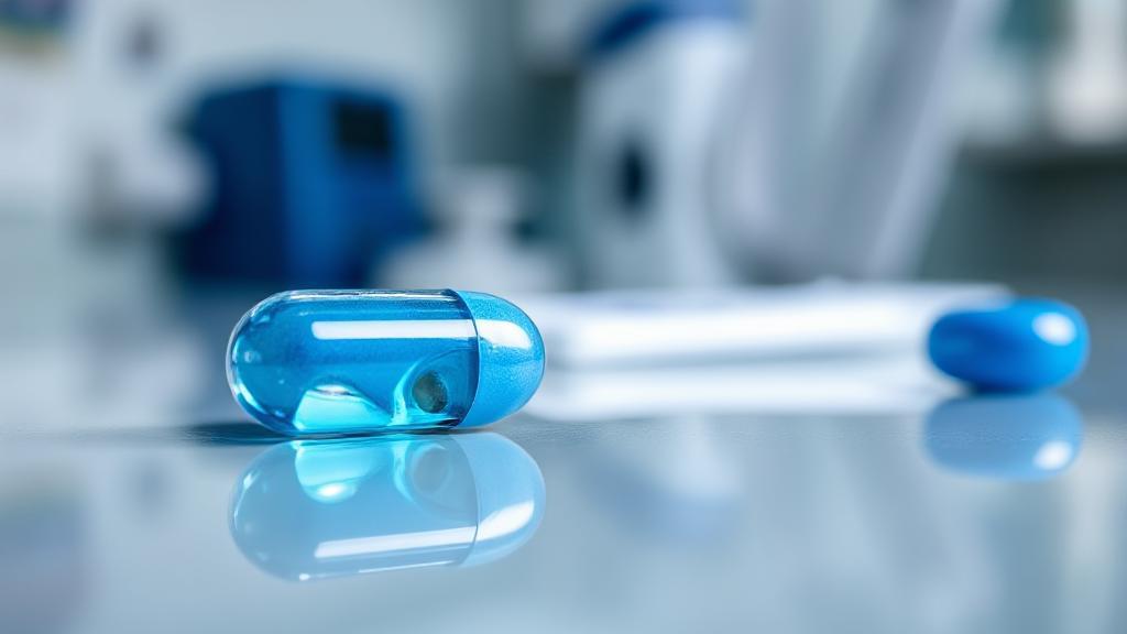 A close-up of a blue Viagra pill on a reflective surface, with a blurred background of a doctor's office.