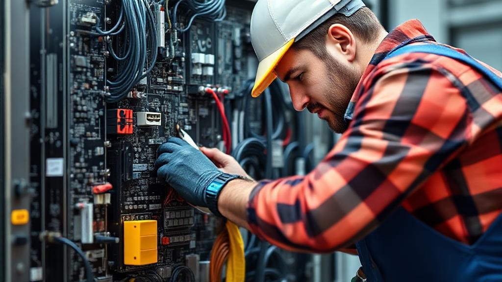 A professional electrician working on a complex circuit board with tools and safety gear, symbolizing the expertise and value in the electrical trade.
