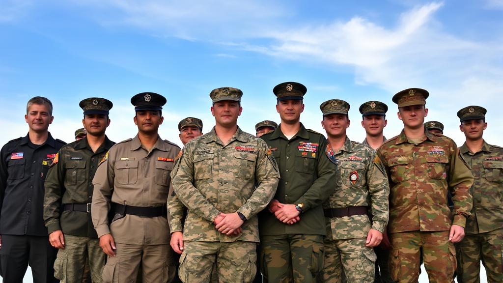 A diverse group of military personnel from different branches standing together, each in their distinct uniforms, against a backdrop of a serene sky.