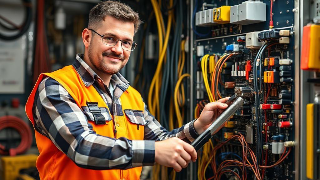 A professional electrician confidently working on a complex circuit board, surrounded by tools and safety gear, symbolizing expertise and earning potential in the trade.
