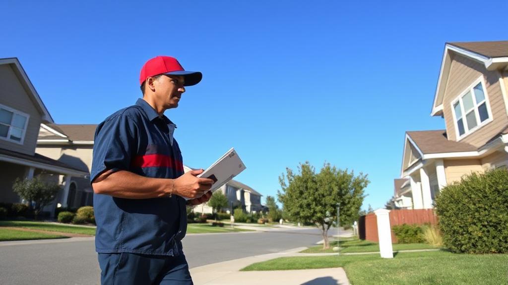A postal worker delivering mail in a suburban neighborhood under a clear blue sky.