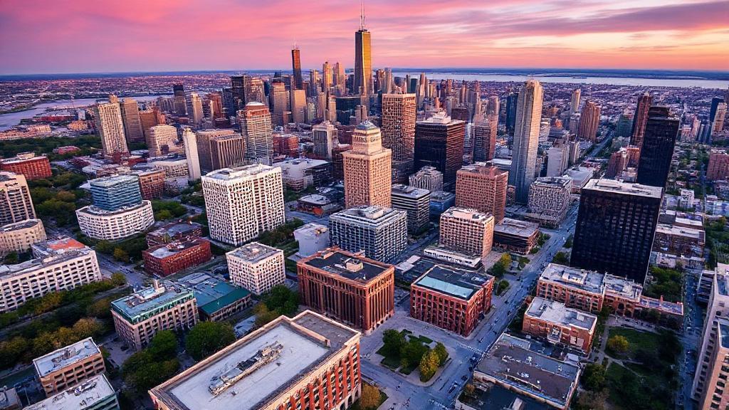 A vibrant aerial view of DePaul University's Chicago campuses, highlighting the urban landscape and iconic city skyline.
