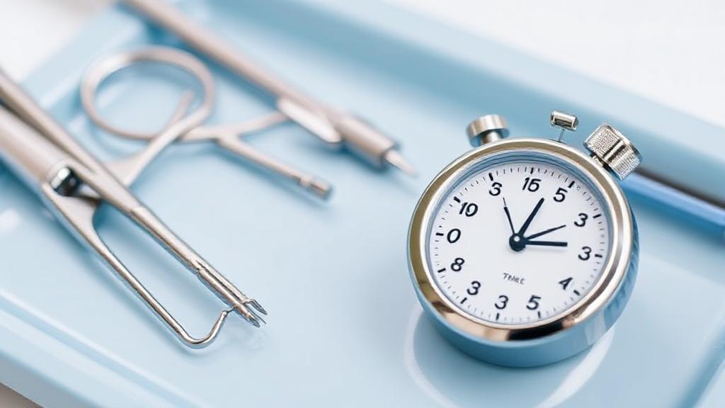 A close-up image of dental tools and a timer on a sterile tray, symbolizing the duration of a wisdom teeth removal procedure.