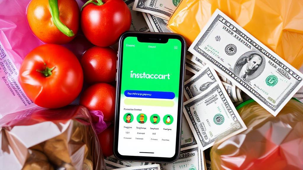 A vibrant image of a smartphone displaying the Instacart app, surrounded by grocery items and dollar bills.