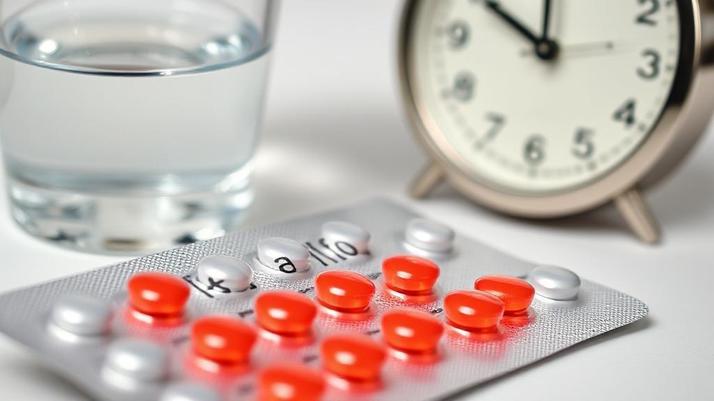 A close-up image of a blister pack with tadalafil tablets, accompanied by a glass of water and a clock, symbolizing timing and dosage.