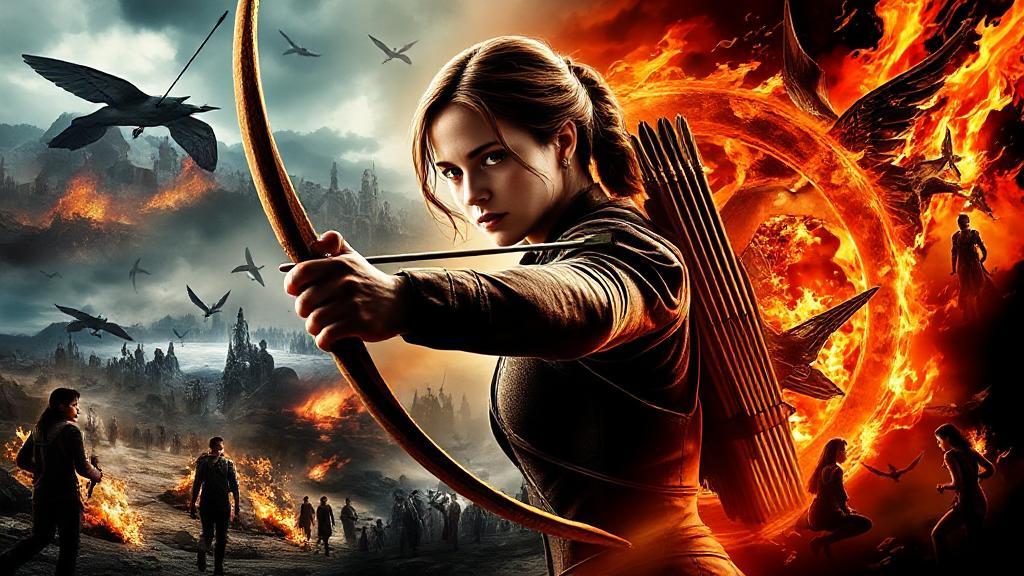 A captivating collage of iconic scenes from The Hunger Games series, featuring Katniss Everdeen with her bow and arrow, set against a backdrop of the dystopian world.