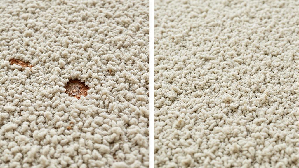 A close-up image of a well-worn carpet with visible signs of wear and tear, juxtaposed with a pristine, new carpet section, illustrating the contrast in durability.