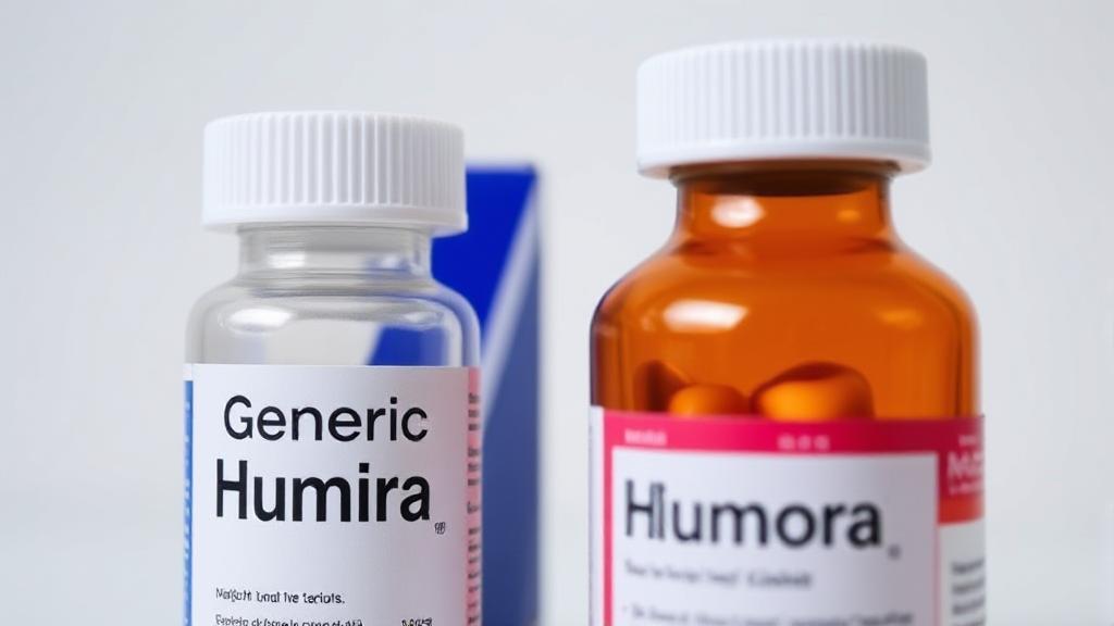 A close-up image of a pill bottle labeled "Generic Humira" alongside a branded Humira box, set against a neutral background.