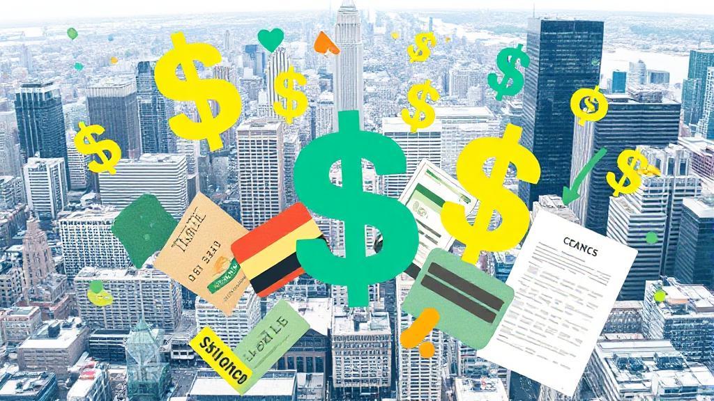 A dynamic collage of financial symbols, including dollar signs, credit cards, and loan documents, set against a backdrop of a bustling cityscape.