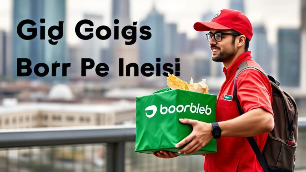 A DoorDash driver in a red uniform delivering food with a cityscape in the background, symbolizing the gig economy and urban hustle.