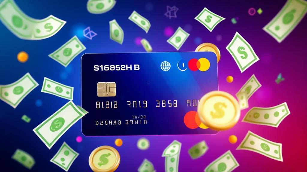 A vibrant image of a credit card surrounded by floating dollar bills and reward icons, symbolizing the concept of cash back benefits.