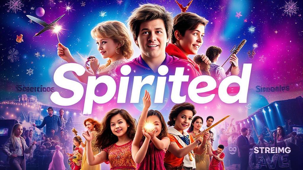 A vibrant collage featuring scenes from the movie "Spirited," showcasing its main characters and festive, musical elements against a backdrop of streaming platform logos.