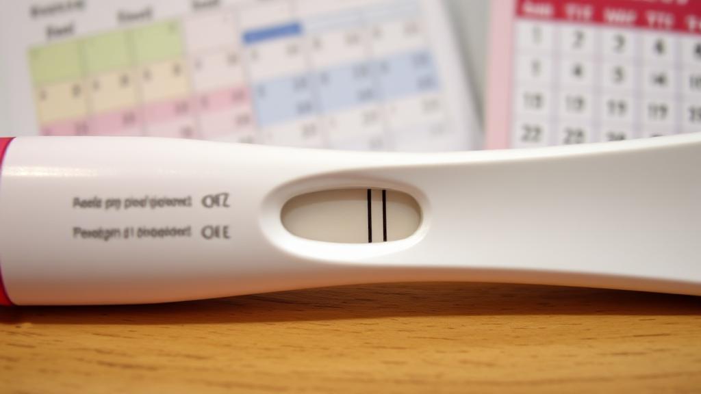A close-up of a home pregnancy test displaying a negative result, set against a backdrop of medical charts and a calendar.
