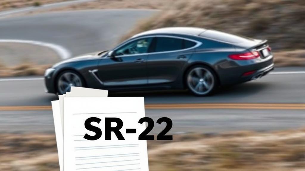 A sleek car driving on a winding road, with a document labeled "SR-22" subtly overlaid in the background.