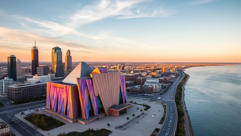 A vibrant aerial view of the iconic Rock and Roll Hall of Fame building set against the backdrop of Cleveland's bustling cityscape and Lake Erie.