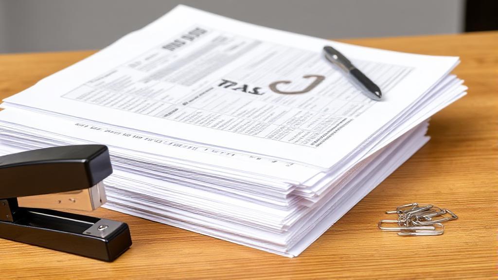 A neatly organized stack of tax documents with a stapler and paper clips on a wooden desk.