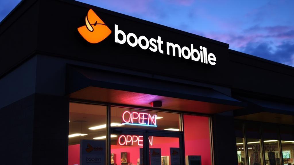 A vibrant storefront of a Boost Mobile store with a clear "Open" sign, set against a twilight sky.