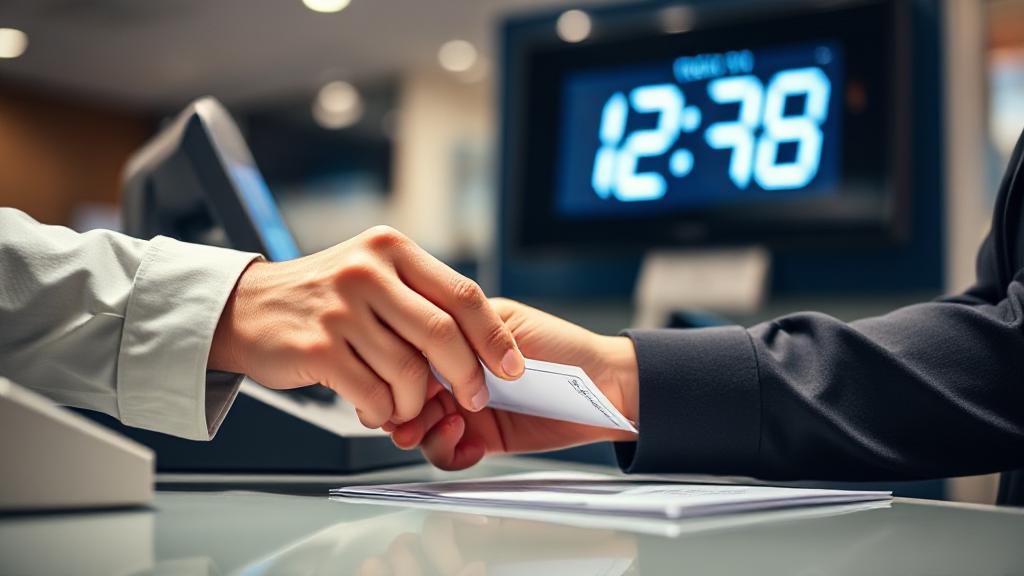 A close-up image of a bank teller's hand processing a check at a counter, with a digital clock in the background displaying the time.