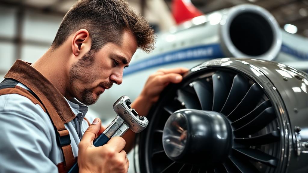 A close-up shot of an airplane mechanic inspecting an aircraft engine, with tools in hand and a jet in the background.
