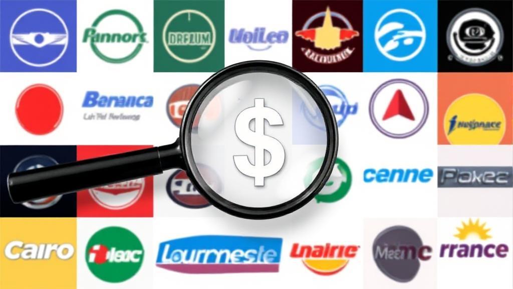 A collage of various car insurance logos with a magnifying glass highlighting a dollar sign, symbolizing the search for the most affordable option.
