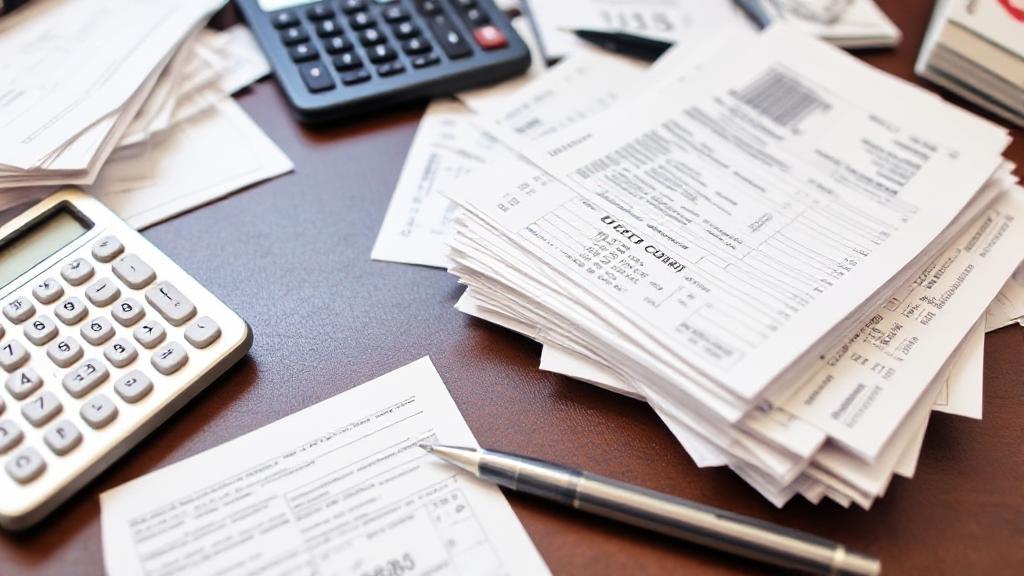 A cluttered desk with a stack of grocery receipts, a calculator, and a pen, highlighting the importance of organizing expenses for tax purposes.