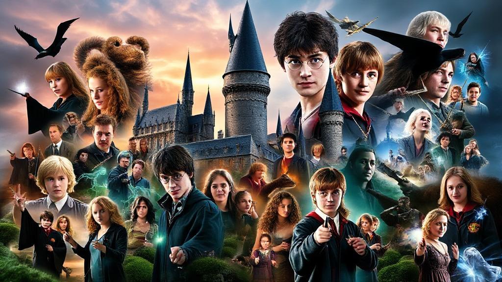 A magical collage featuring iconic scenes and characters from the Harry Potter film series, set against a backdrop of Hogwarts.