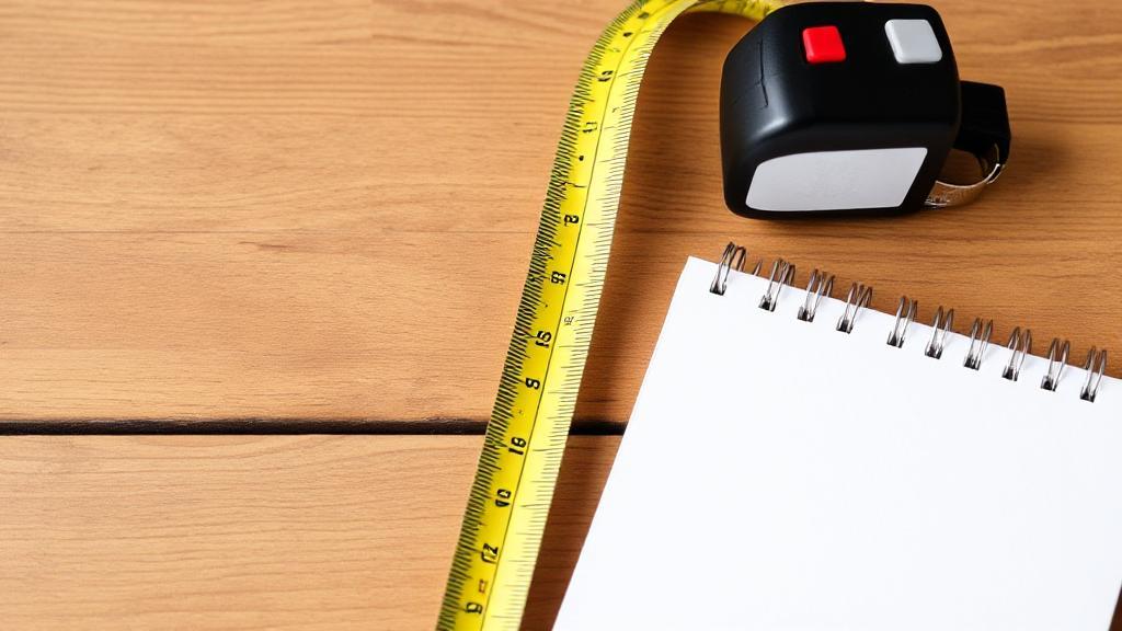 A measuring tape and a notepad placed on a wooden table, symbolizing the process of assessing dimensions and planning for space.