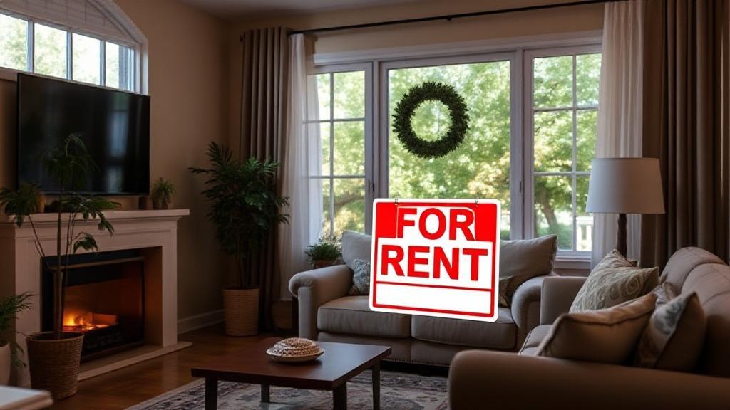 A cozy living room with a "For Rent" sign in the window, symbolizing the process of evaluating a home's rental value.
