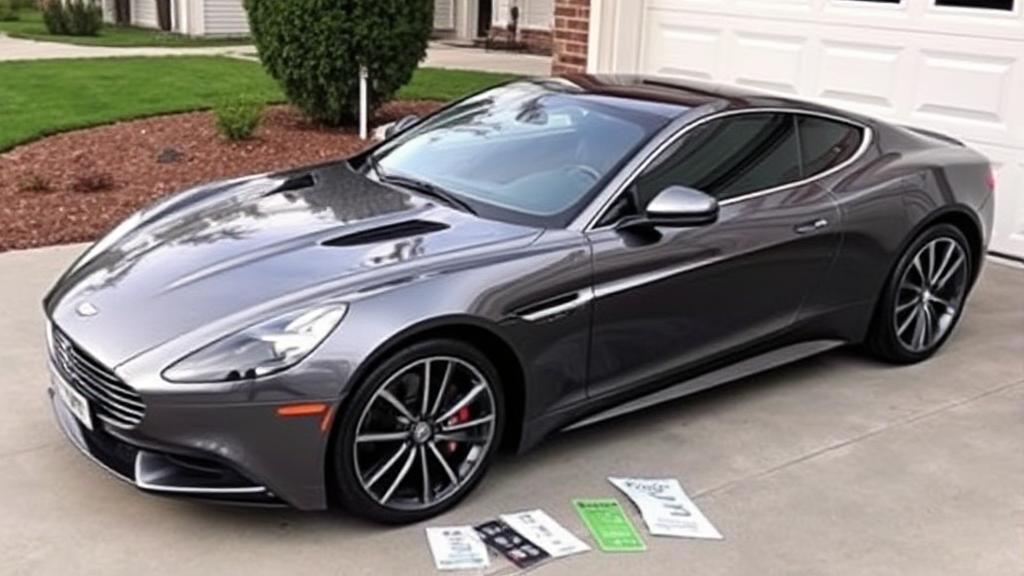 A sleek car parked in a driveway with a "For Sale" sign, surrounded by price tags and valuation tools.