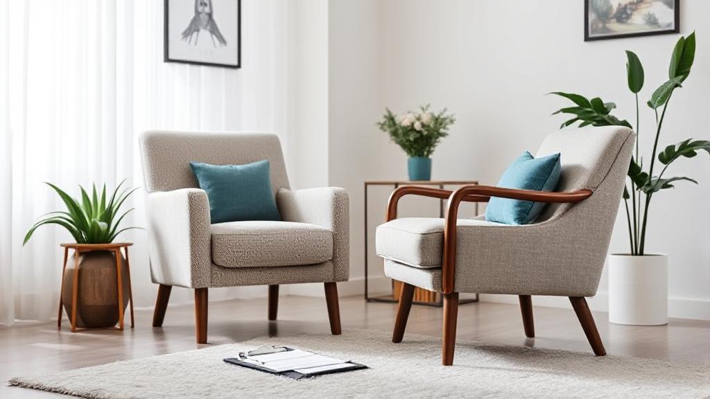 A serene therapist's office with a cozy armchair and a clipboard, symbolizing the intersection of mental health care and insurance coverage.