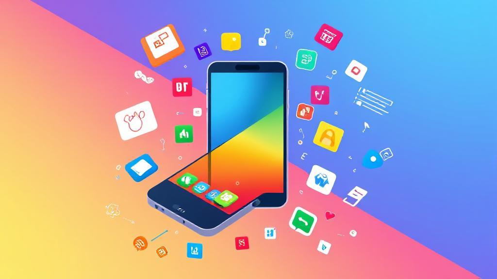 A vibrant illustration of a smartphone surrounded by app icons and coding symbols, symbolizing app development.