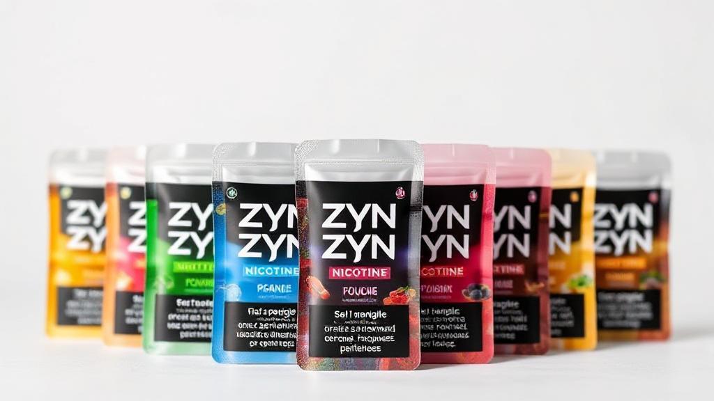 A close-up image of various Zyn nicotine pouches in different flavors, arranged in a visually appealing manner against a neutral background.