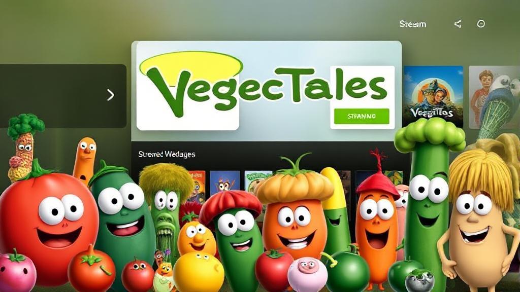 A vibrant collage of beloved VeggieTales characters set against a digital streaming interface backdrop.
