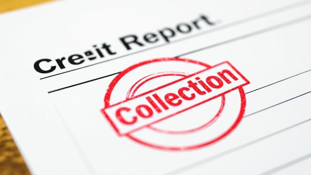 A close-up of a credit report document with a red "Collection" stamp prominently displayed.