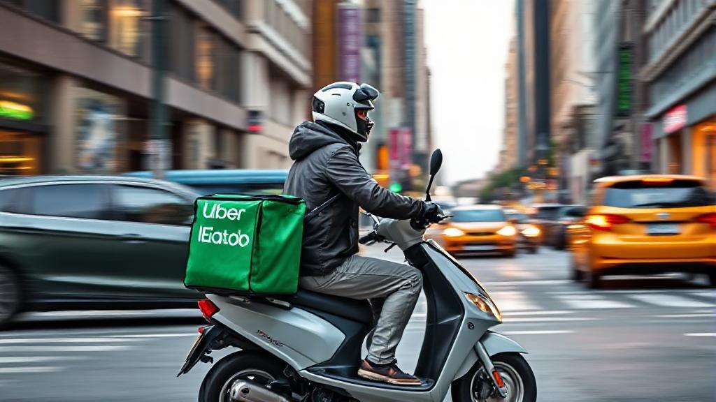 A dynamic image of an Uber Eats driver on a scooter, navigating through a bustling city street with a food delivery bag.