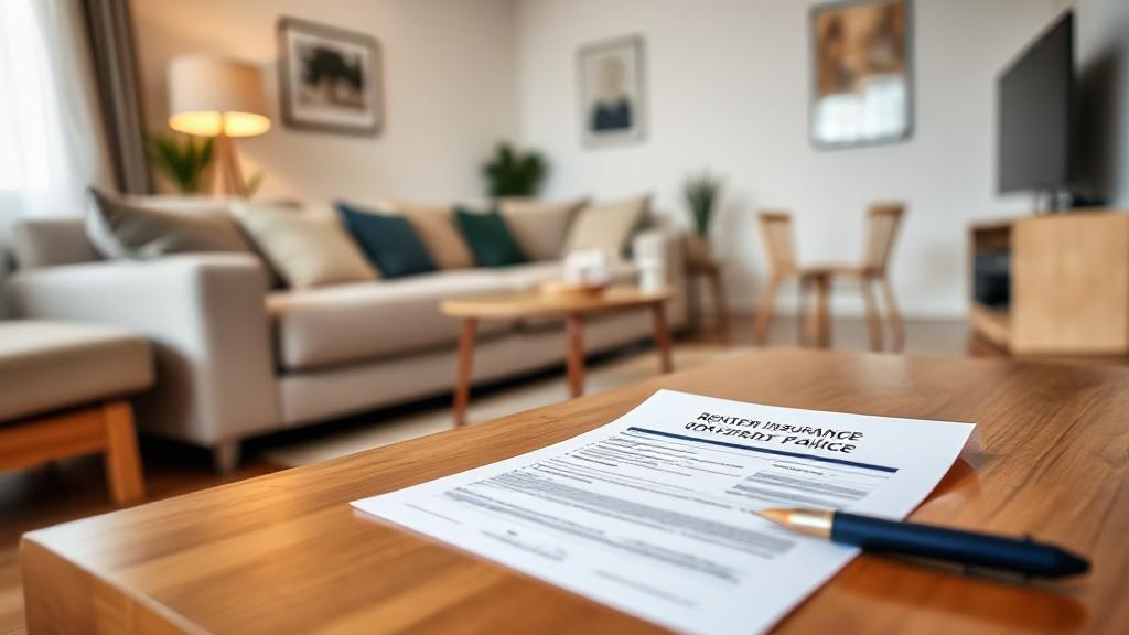 A cozy apartment living room with a visible renters insurance policy document on the coffee table, symbolizing protection and peace of mind.
