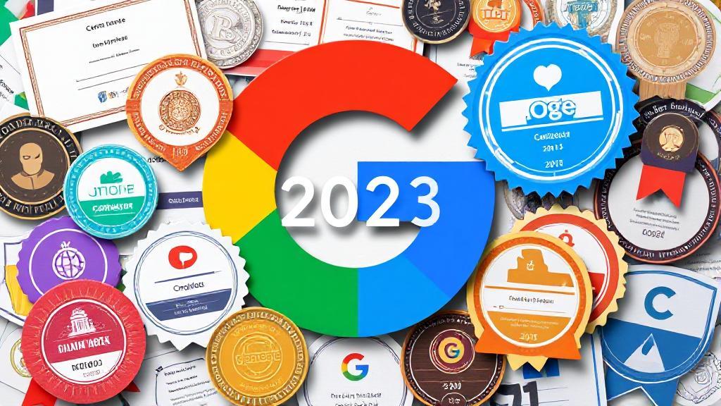 A dynamic collage of digital badges and certificates with the Google logo, symbolizing career advancement and professional growth in 2023.